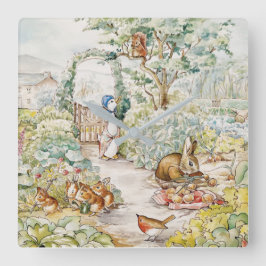 Relógio Quadrado Jemima Puddle Duck no Jardim do Sr. Mc Gregor