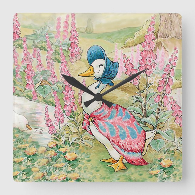 Relógio Quadrado Jemima Puddle Duck perto do lago (Frente)