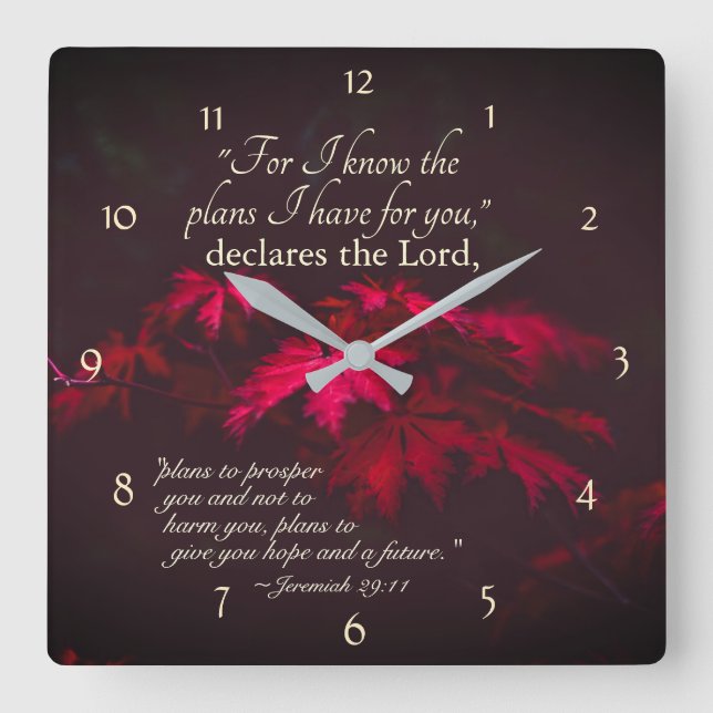 Relógio Quadrado Jeremiah 29:11 Porque eu sei os planos que tenho p (Frente)