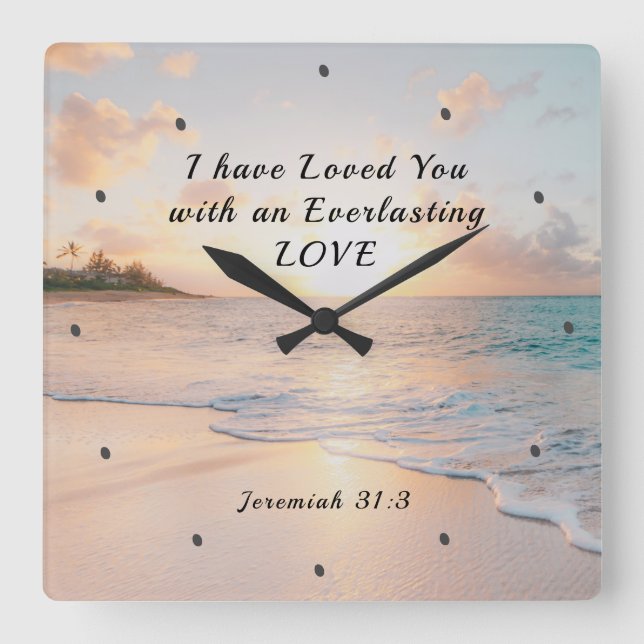 Relógio Quadrado Jeremiah 31:3 Eu te amei Bíblia Oceano Sunset (Frente)