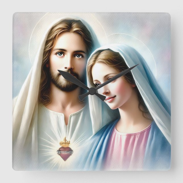 Relógio Quadrado Jesus e Maria com Coração Sagrado (Frente)