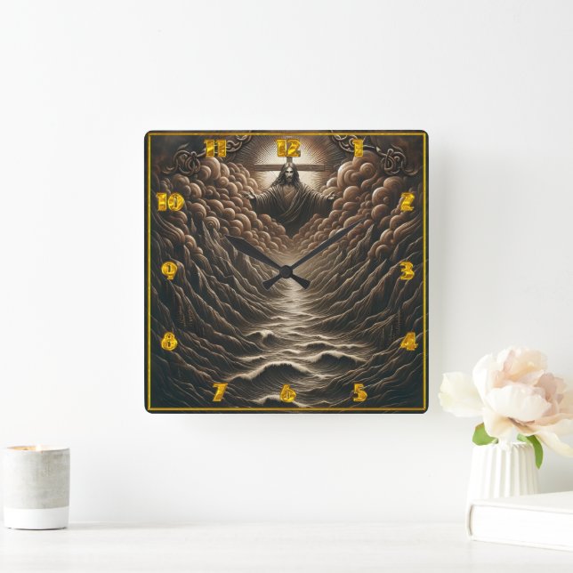 Relógio Quadrado Jesus Emerge De Nuvens Sobre Águas Serenes (Lar)
