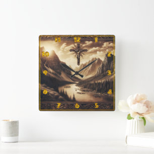 Relógio Quadrado Jesus na Cruz com o Modo de Montanha