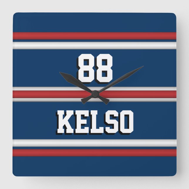 Relógio Quadrado Jogador Jersey Strips em Vermelho Branco Azul (Frente)