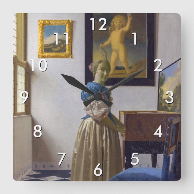 Relógio Quadrado Johannes Vermeer - Dama de pé em uma Virgínia (Frente)