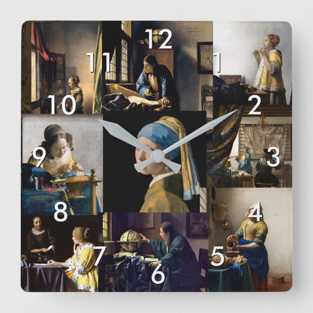 Relógio Quadrado Johannes Vermeer - Patchwork de obras-primas (Frente)
