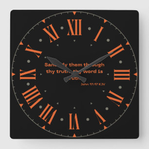 Relógio Quadrado John 17:17 Bíblia KJV Verse Orange Roman Numeral