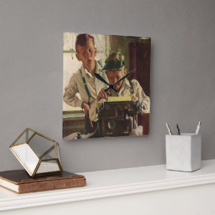 Relógio Quadrado Jornalistas Escritores de Jornais Antigos Máquina 