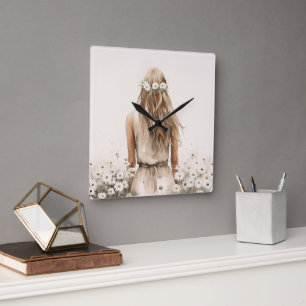 Relógio Quadrado Jovem Mulher Aquarela Em Daisy Field