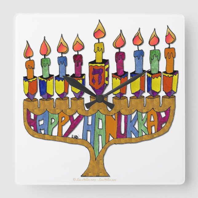 Relógio Quadrado Judaica Happy Hanukkah Dreidel Menorah (Frente)