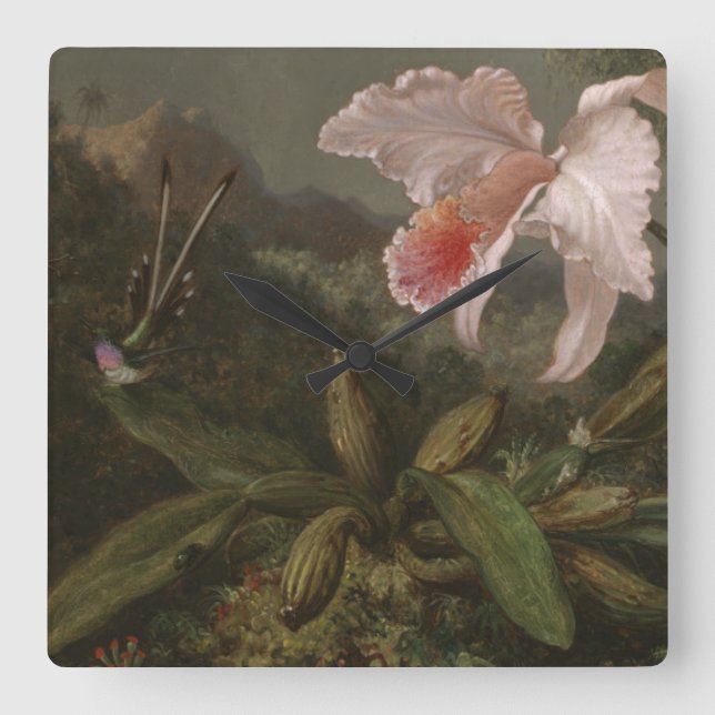 Relógio Quadrado Jungle Orchids and Hummingbirds (Frente)