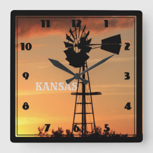 Relógio Quadrado Kansas Sunset com Silhouette Windmill