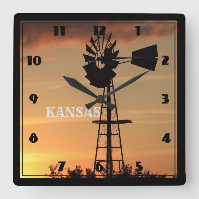Relógio Quadrado Kansas Sunset com Silhouette Windmill (Frente)