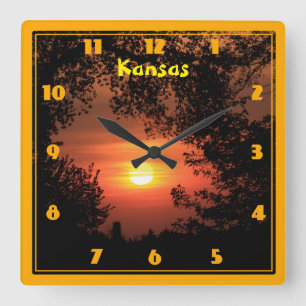 Relógio Quadrado Kansas Sunset Silhouette