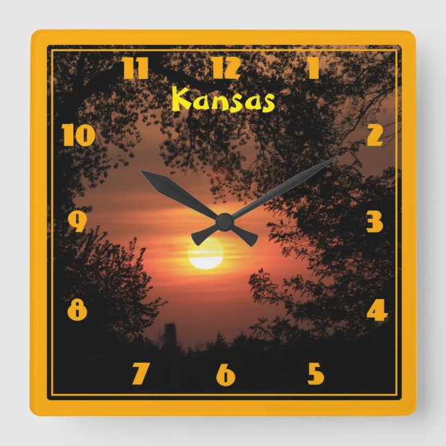 Relógio Quadrado Kansas Sunset Silhouette (Frente)