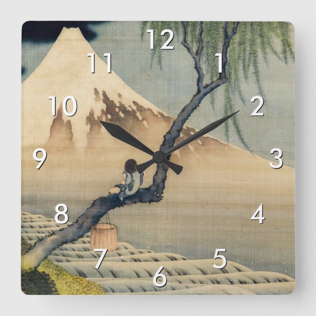 Relógio Quadrado Katsushika Hokusai - Menino Vivendo o Monte Fuji (Frente)