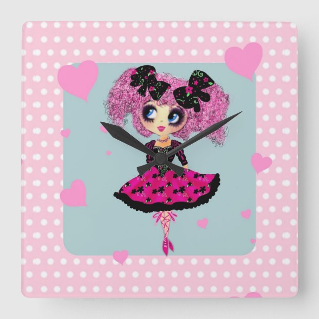 Relógio Quadrado Kawaii Girl PinkyP - Princesa do baile de formatur (Frente)