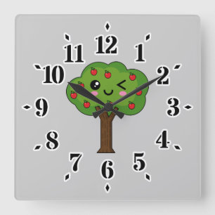 Relógio Quadrado Kawaii Happy Winking Apple Tree