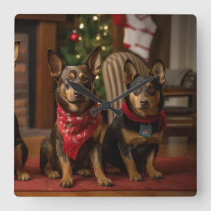 Relógio Quadrado Kelpie australiano junto à lareira de Natal