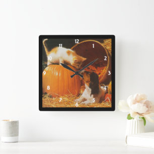 Relógio Quadrado Kitten, Pumpkin e Puppy Wall Clock