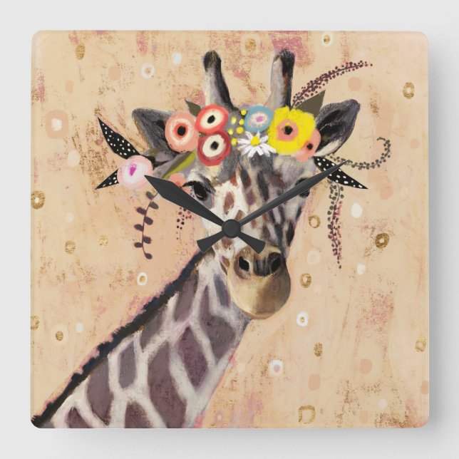Relógio Quadrado Klimt Giraffe| Coroa De Flores (Frente)