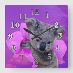 Relógio Quadrado Koala e orquídea