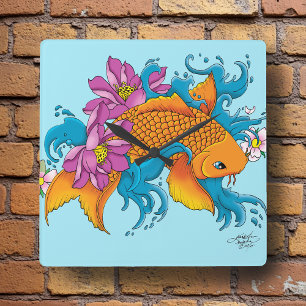 Relógio Quadrado Koi and Flowers