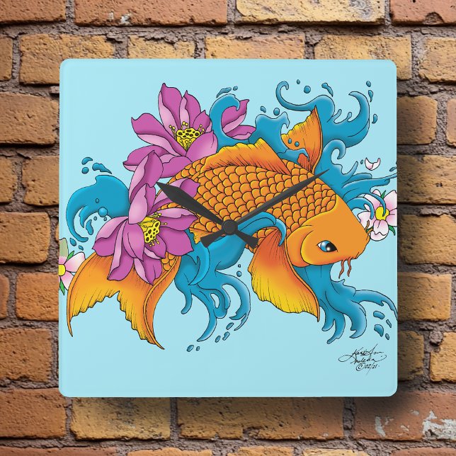 Relógio Quadrado Koi and Flowers (Criador carregado)