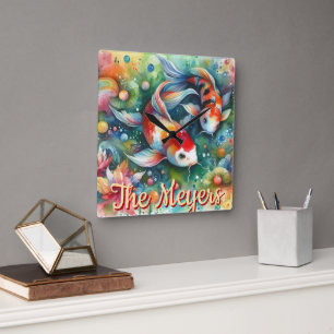 Relógio Quadrado Koi Fish Whimsical Watercolor Orange Personalizado