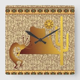 Relógio Quadrado Kokopelli Mesa e Cactus Set #1