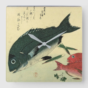 Relógio Quadrado Kurodai & Akadai - Impressão de Peixes Japoneses d