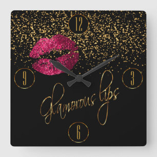 Relógio Quadrado Lábios cor-de-rosa-quente glamourosos e Confetti
