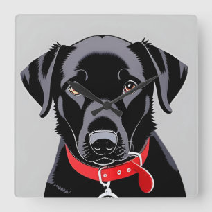 Relógio Quadrado Labrador preto com coleira vermelha