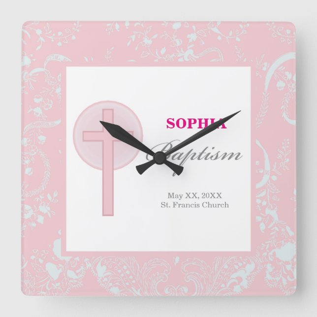 Relógio Quadrado Lace Girl Baptism Rosa (Frente)