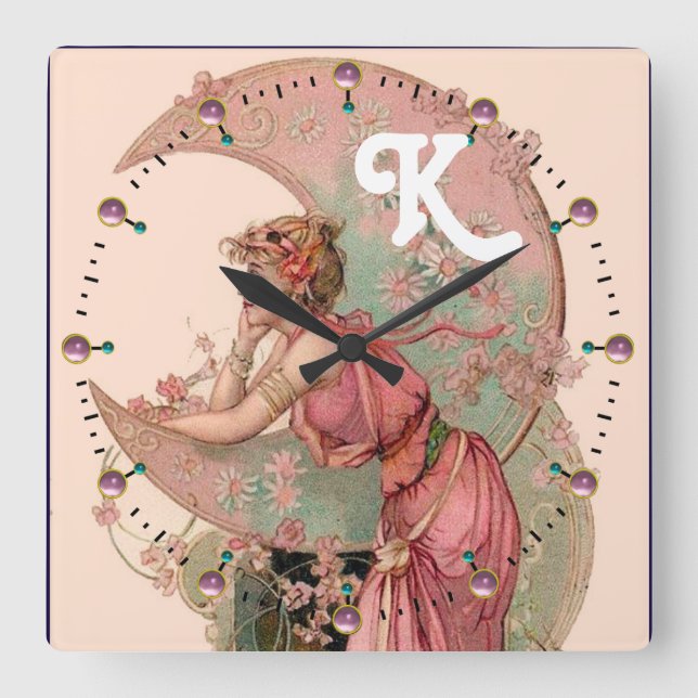 RELÓGIO QUADRADO LADY OF MOON WITH FLOWERS IN PINK MONOGRAM (Frente)
