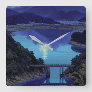 Relógio Quadrado Lago Azul ao Luar e Arte de Montanha na Parede 