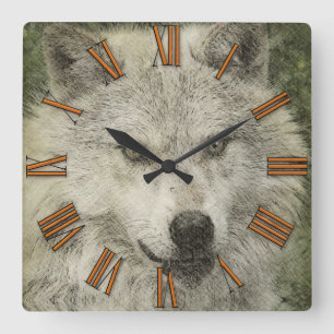 Relógio Quadrado Lápis do Lobo Prateado Ilustração Desenhando Relóg