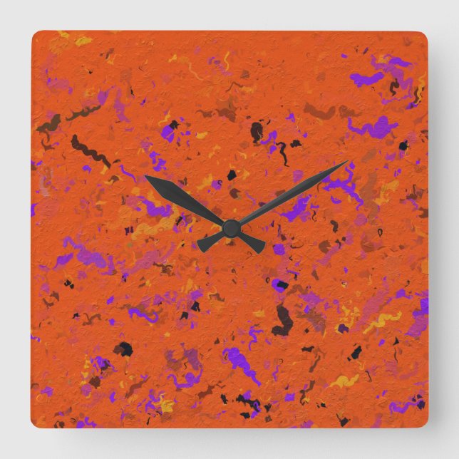 Relógio Quadrado Laranja, Amarelo, Roxo e Abstrato preto (Frente)