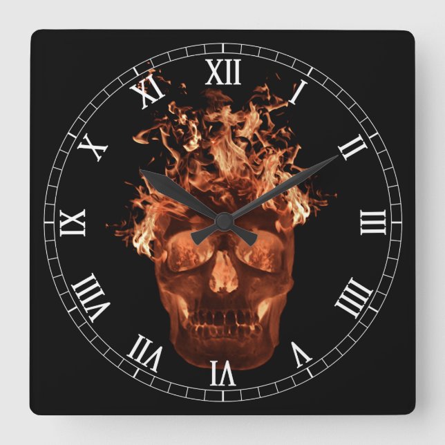Relógio Quadrado Laranja Flaming Skull Square Roman Numerals Clock (Frente)