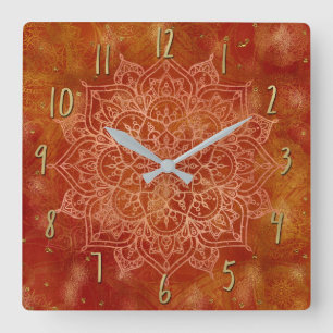 Relógio Quadrado Laranja Mandala e Dourado Glam Moderno Chic