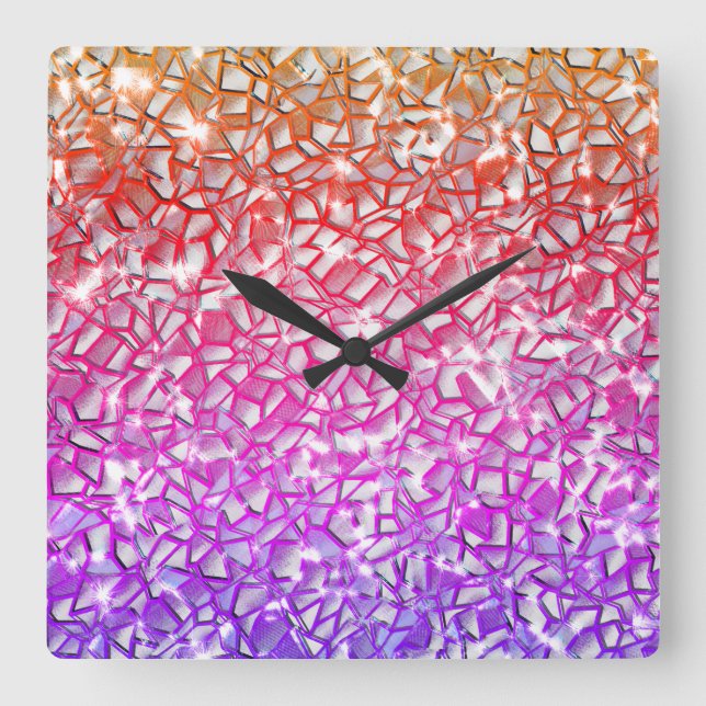 Relógio Quadrado Laranja-mosaico grosso para vermelho e lilás e bri (Frente)