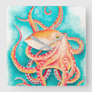 Relógio Quadrado Laranja Vermelho Tentáculos Octopus Aquarela