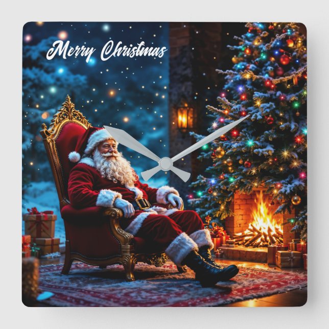 Relógio Quadrado Lareira aconchegante do Pai Natal (Frente)