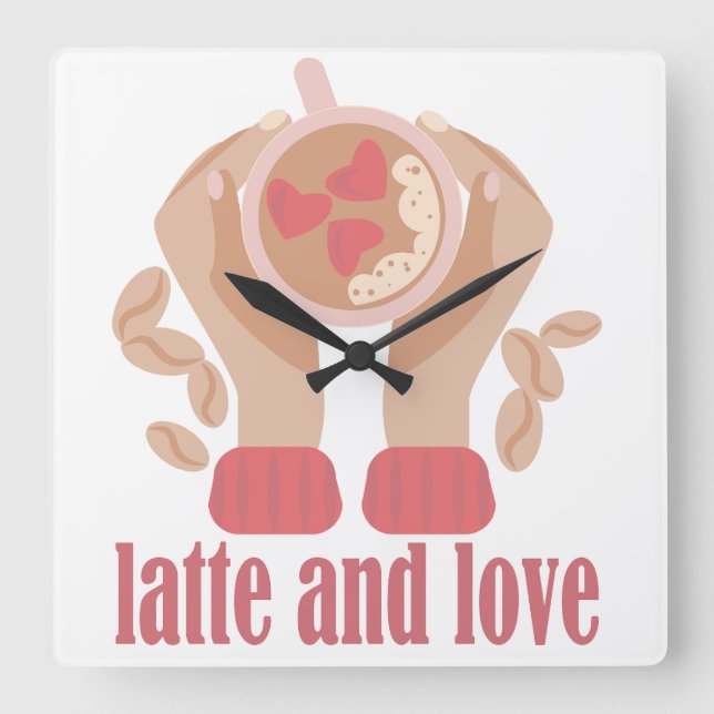 Relógio Quadrado Latite e xícara de amor, mãos e café (Frente)