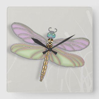 Relógio Quadrado Lavanda e Dragonfly Verde