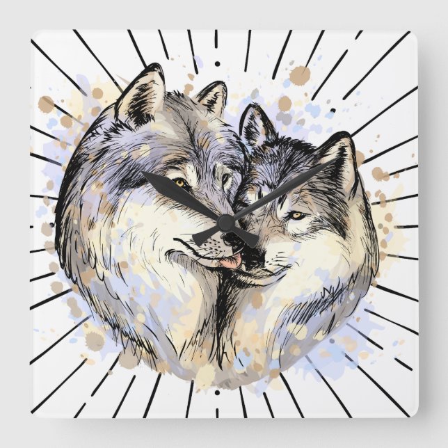 Relógio Quadrado Lealdade e amor na natureza (Wolf Love) (Frente)