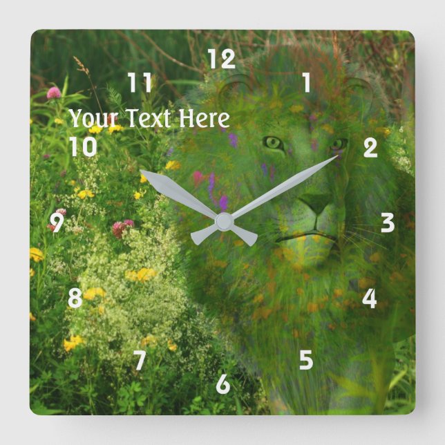 Relógio Quadrado Leão E Flores Selvagens Fantasia Arte Animal (Frente)