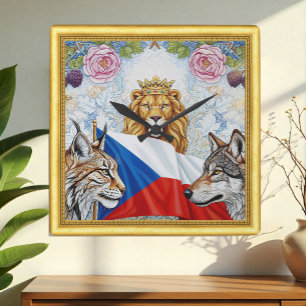 Relógio Quadrado Leão Patriótico Checo, Lynx, Wolf Art Nouveau