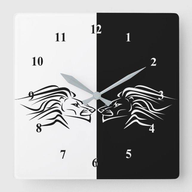 Relógio Quadrado Leão - Preto e Branco (Frente)
