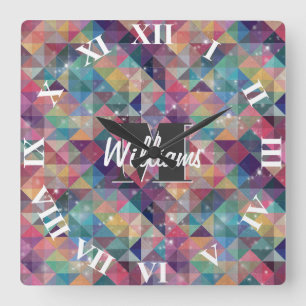 Relógio Quadrado Legal padrão geométrico dos triângulos colorido